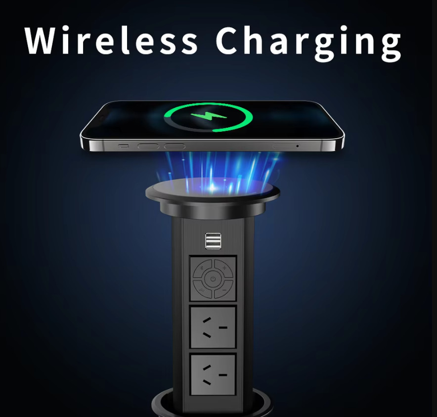 2-Outlets Automatic Pop Up Wireless Charger 2 USB 3.4A LED Light