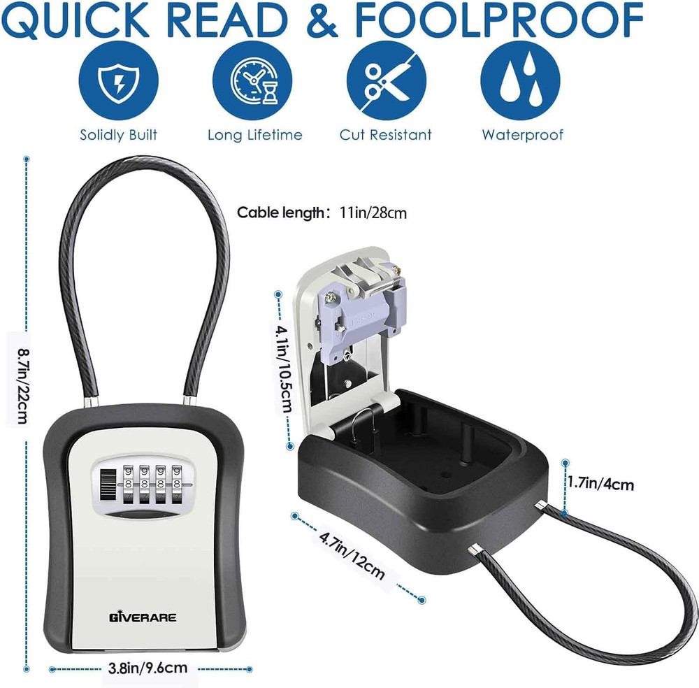 Key Lock Box, 4 Digits Combination Lockbox, Resettable Wall Mount Waterproof Out