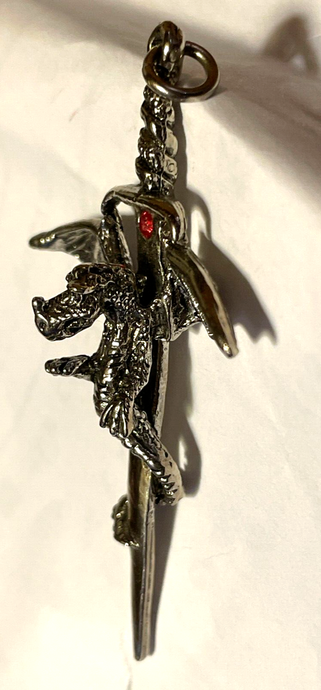 Pendant - Flying Dragon on Dagger with red stone