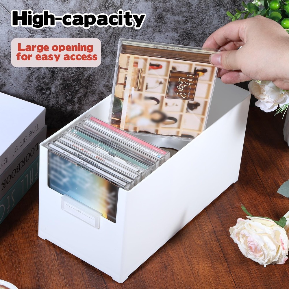 White CD Storage Box, Holds 27 CDs, Plastic Stackable Organizer, DVD Holder