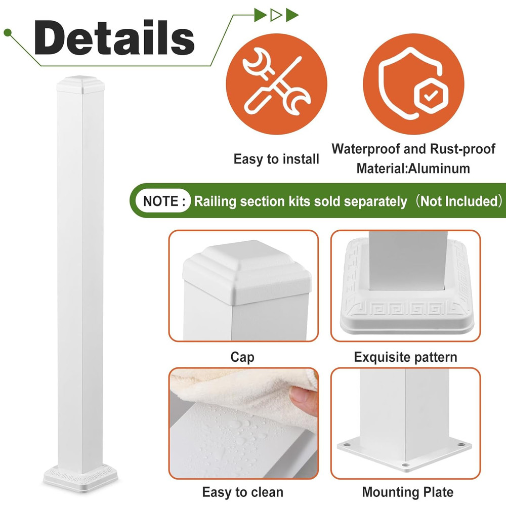 Heavy Duty Aluminum Deck Post Kit 39" - Rust-Proof, White, 36" Height