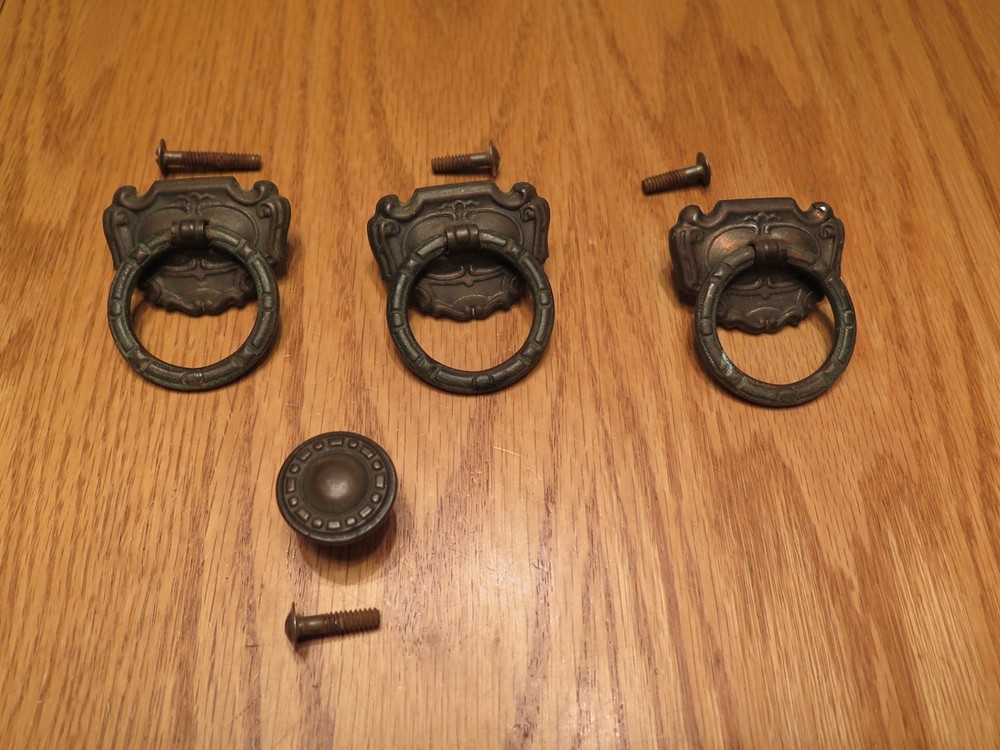 Vintage Brass Tone Drawer Pulls - 3 Drop Pulls & 1 Round Pull