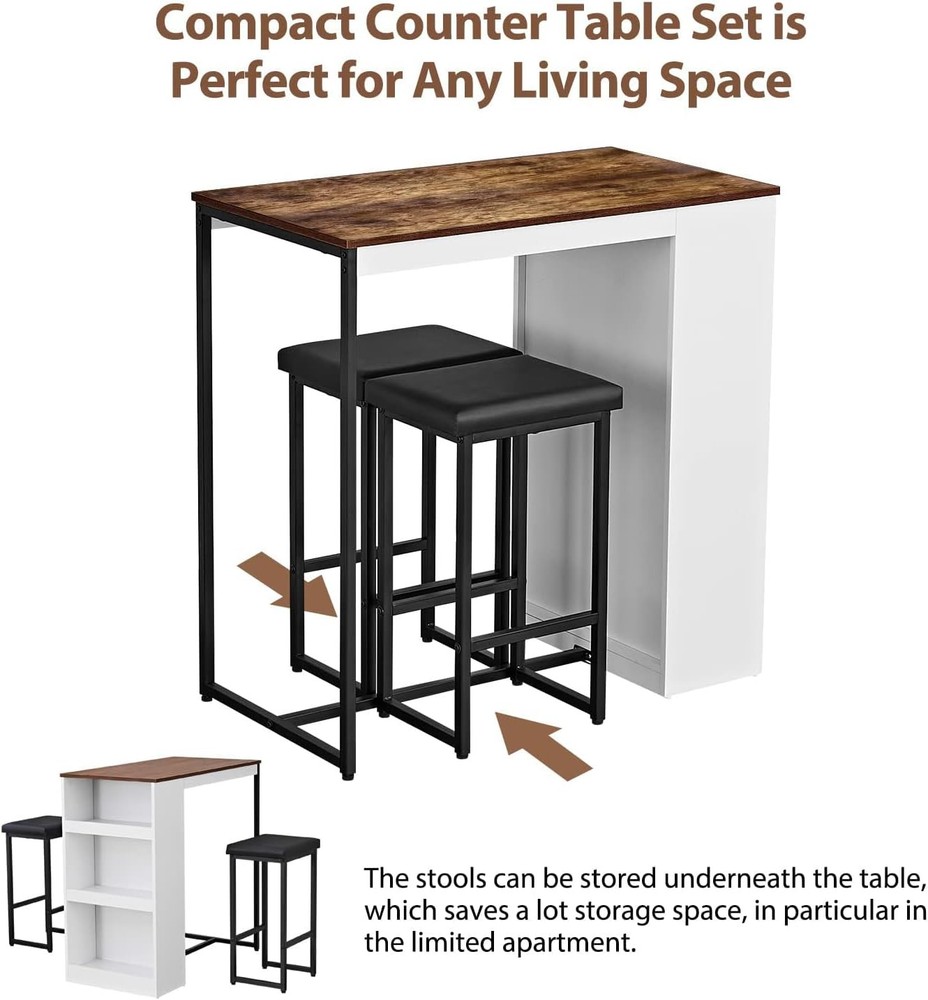 3 Piece Dining Table Set Kitchen Bar Table with Two Stool Storage Shelves Woo...