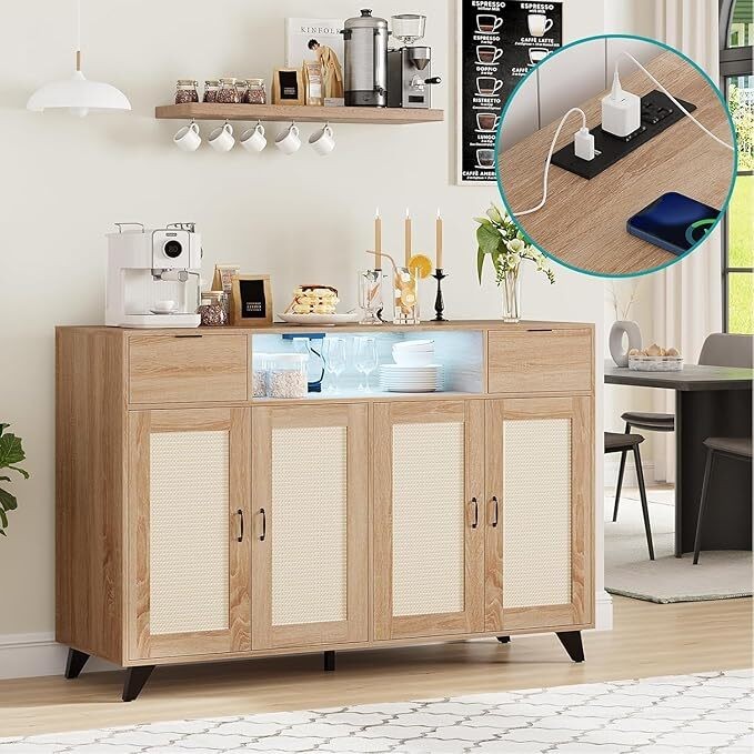 Sideboard Buffet Cabinet Rattan Kitchen Buffet Cabinet with 2 Drawers Console