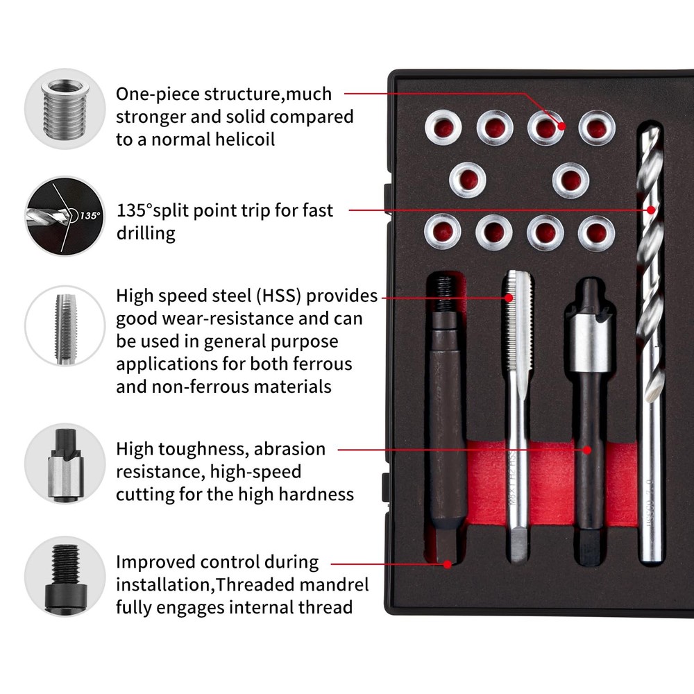 M6X1.0 Thread Repair Kit with 9.4mm Insert HSS Drill, Tap, Installation Drive...