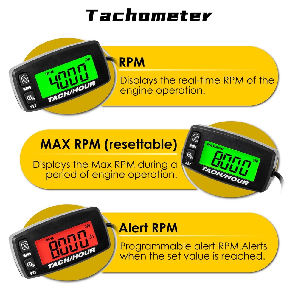 Self Powered Digital Tachometer Hour Meter,Inductive Maintenance Waterproof B...