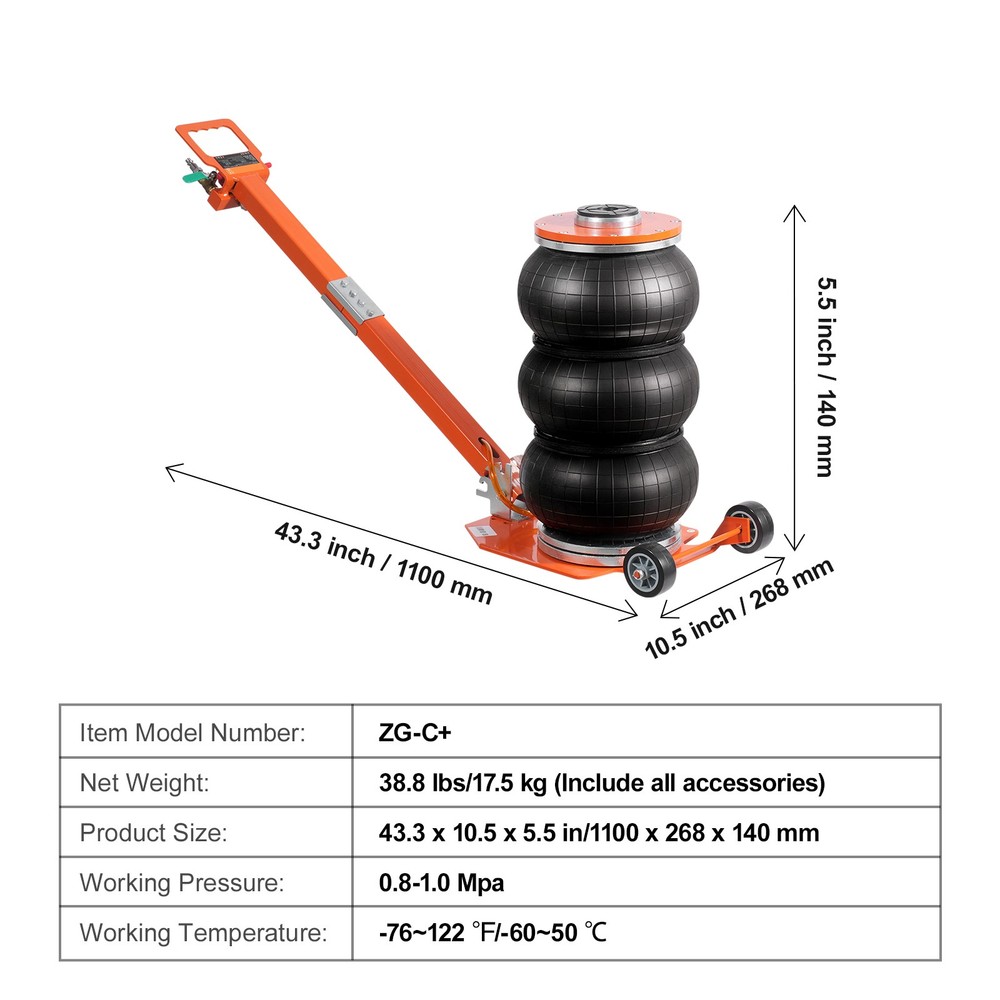 3Ton/6600lb Pneumatic Jack featuring Telescopic Column and Adjustable Handle
