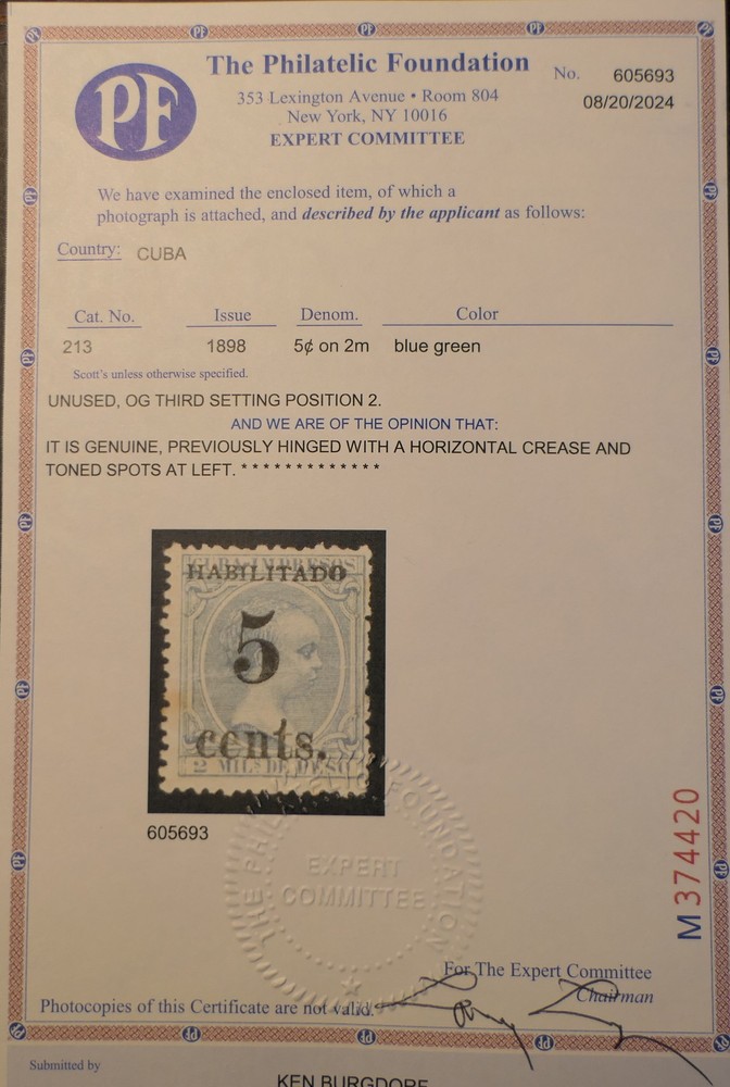Cuba1 Scott # 213, 3rd Setting Position 2, Mint OG VLH, PF Cert