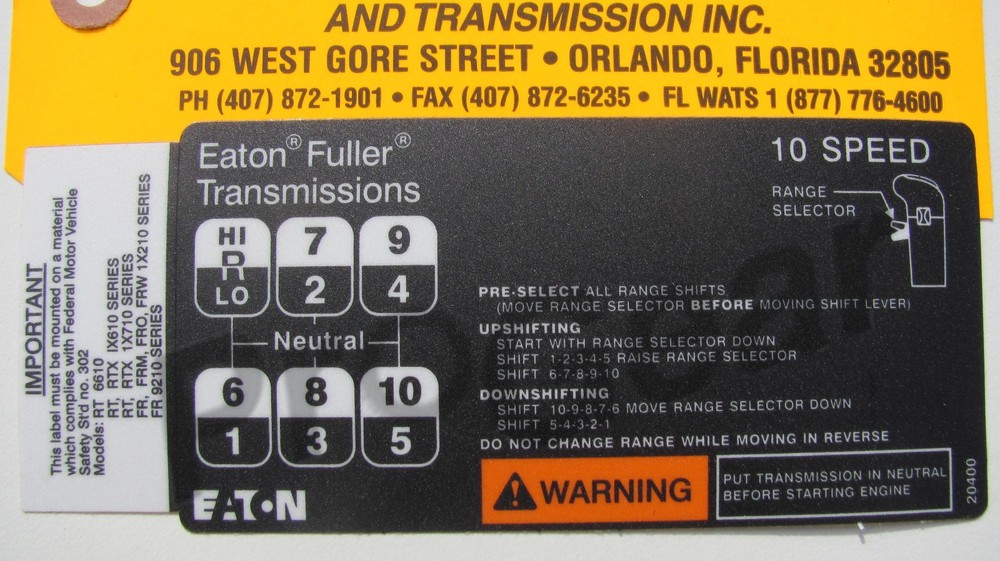 10 Speed Eaton Transmission Direct Shift Pattern 20400 Decal Conventional "H"