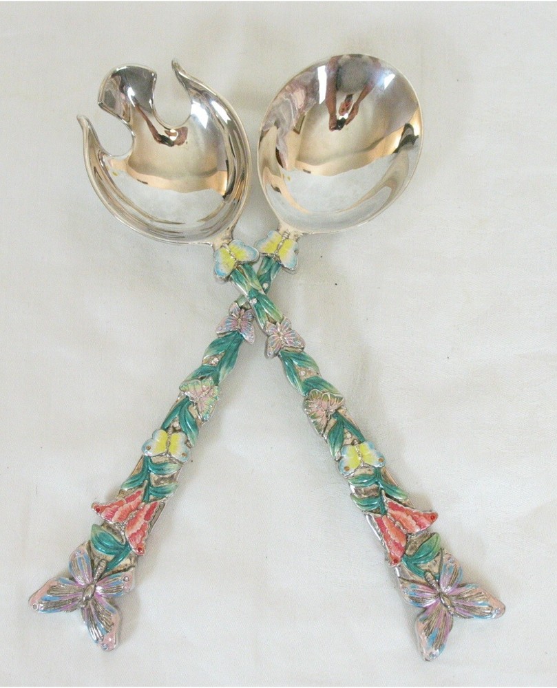 Godinger Rare Silverplated Enamel Butterflies Serving Spoon and Fork