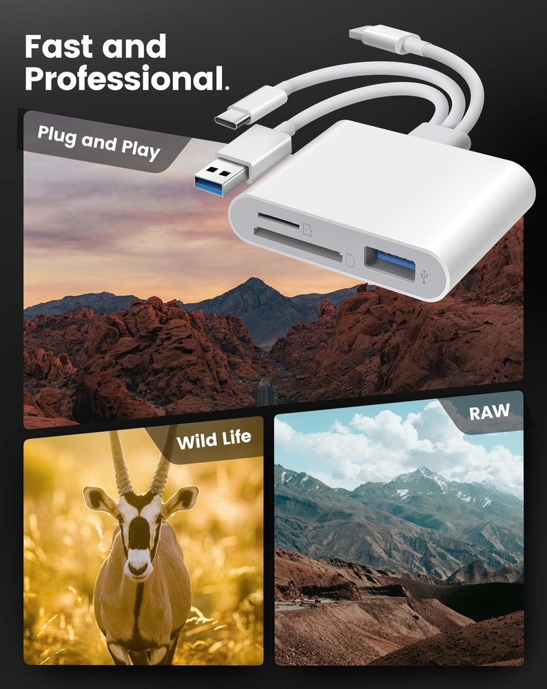 SD Card Reader for iPhone iPad Mac, Lightening & USB-C & USB-A 3 in 1 White