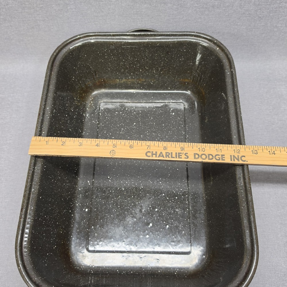 Vintage Speckled Enamel Roaster Pan Covered Black Baking Dish Ovenware Large