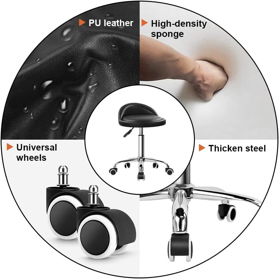 PU Leather Round Rolling Stool W/ Back Rest Height Adjustable Swivel Drafting