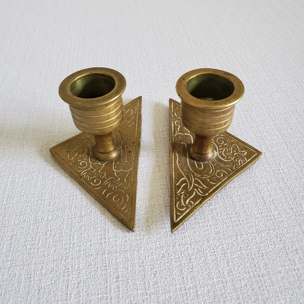 Vintage BRASS Geometric MCM Candle Holders Carved Engraved