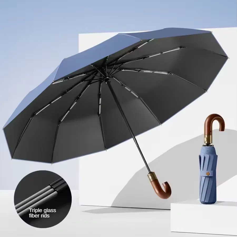 Fully automatic wooden handle curved hook windproof and sunproof fold