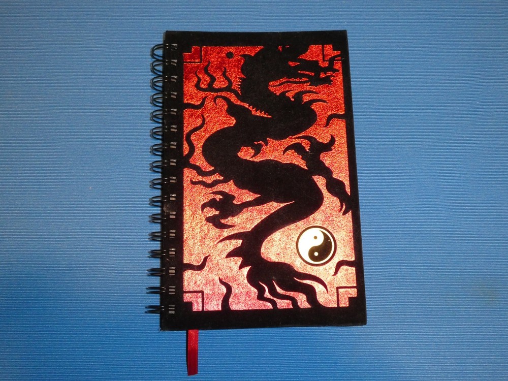 UNIQUE VINTAGE DRAGON YIN/YANG SPIRAL NOTEBOOK, JOURNAL, DIARY -BLACK FELT