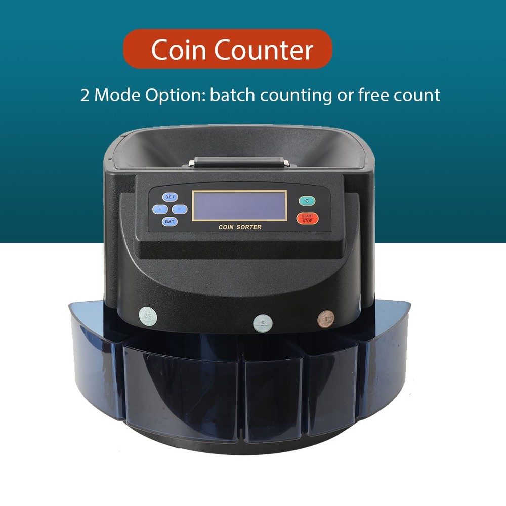 USD Coin Counter Sorter Roller Wrapper Machine w/Bins&Tubes for Change Counting