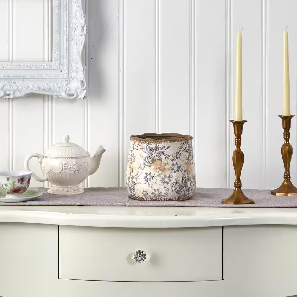 7In. Tuscan Ceramic Gray Scroll Planter