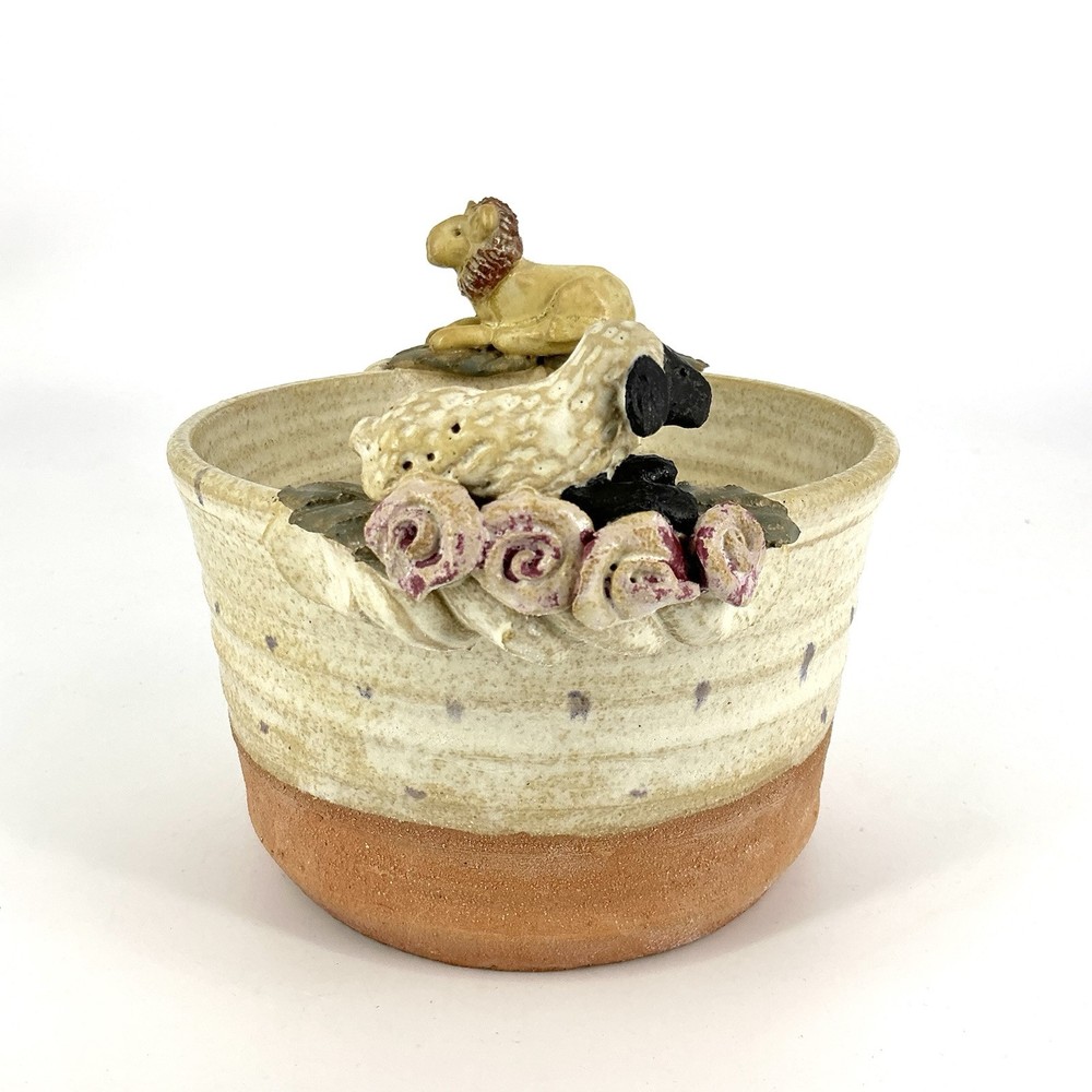 Studio Art Pottery Planter Pot Lion Lamb Handles Signed Dated 1993