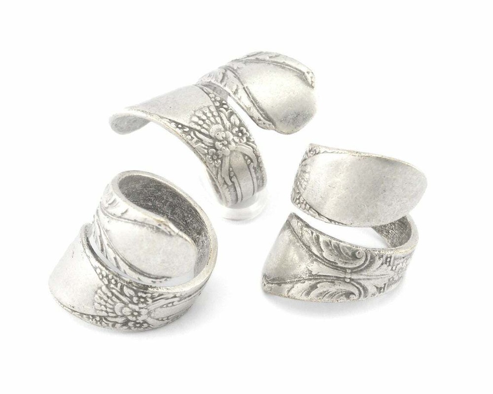 Spoon Wrap Ring Flower Adjustable Antique Silver Plated Brass 7us 4072