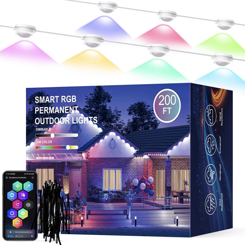 200FT Permanent Outdoor RGB String Lights, Waterproof App Control ONLY! Dimmable