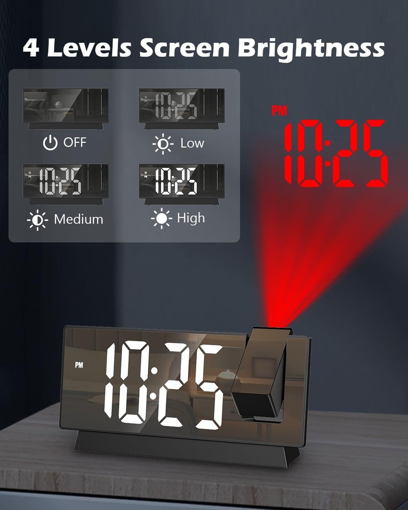 KeeKit Projection Alarm Clock with 180° Rotatable Display, Small, Black