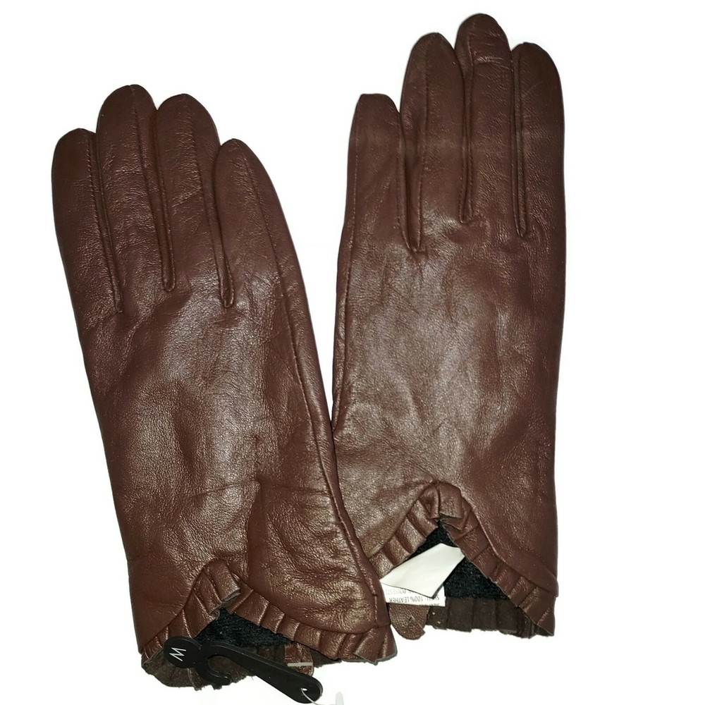 Women's Ruffle Cuff Soft Leather Gloves Brown Size- Medium **