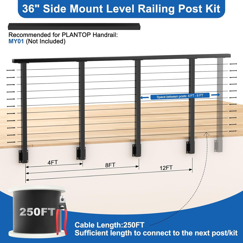 36" Side Mount Railing Post Kit with Stainless Steel Cable - 12-20Ft, 4 Pack