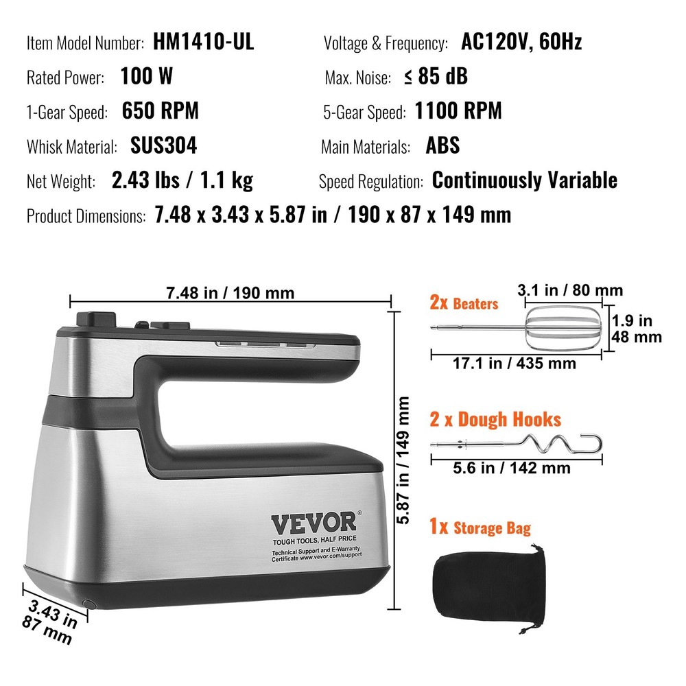 Cordless Electric Hand Mixer, 100W, Continuously Variable Electric Handheld Mixe