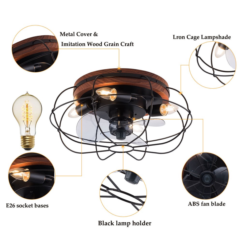 Low Profile Caged Ceiling Fans with Lights and Remote, Flush Mount Ceiling Fan w