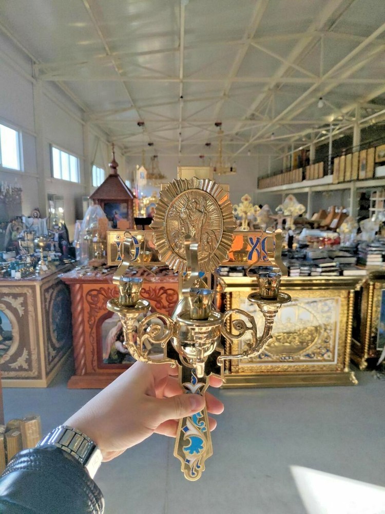 Easter three candlestick on the cross cast brass 13.77"