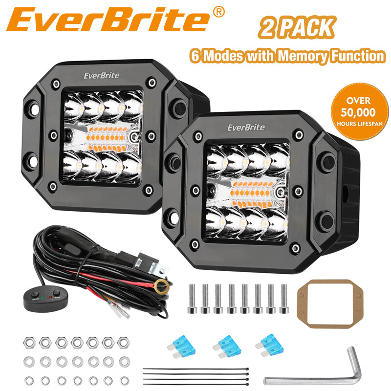 EverBrite 2PC 48W Led Light Pod Flush Mount Spot Flood White Amber Strobe 6 Mode