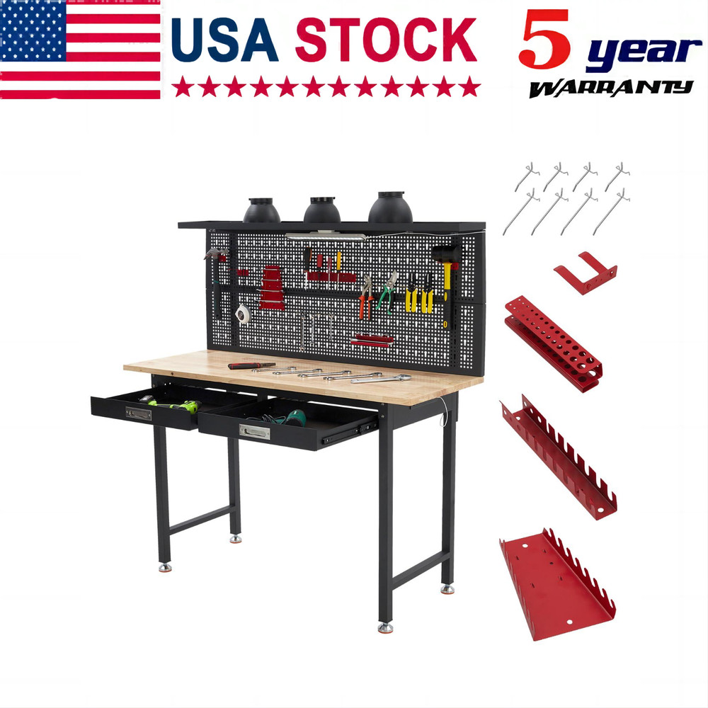 ✨60" Adjustable Heavy Duty Workbench 2000 LBS Work Table with 2 Drawers LED Ligh