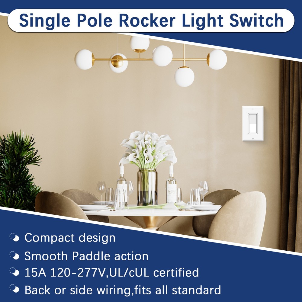Wall Rocker Paddle Light Switch White Single Pole Decorator On/Off 15Amp 40 Pack