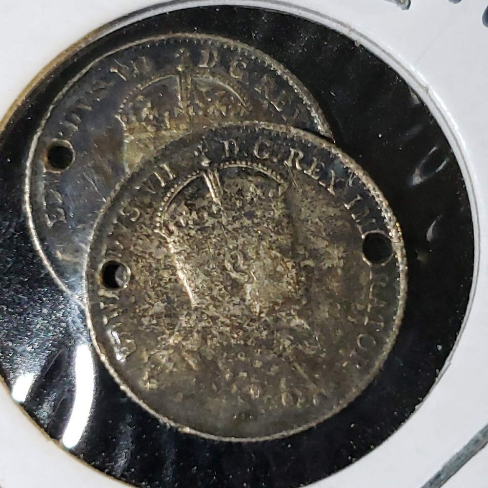 (2) Silver Canada 5 Cent Coins 1903 Holed, 1967 Holed