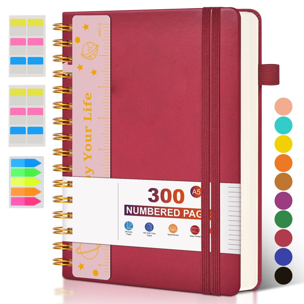 Leather Spiral Notebook, 300 Lined Pages, A5, Red