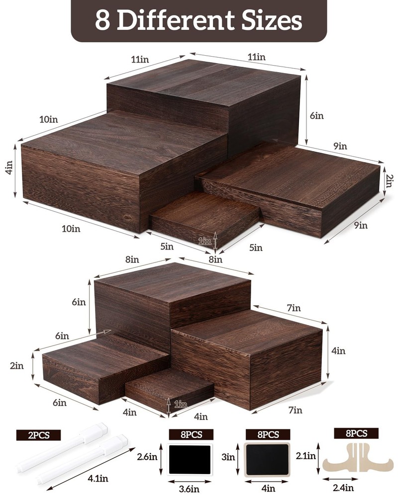 8 Size Nested Buffet Risers with Mini Signs, 8PCS Rustic Wooden Cake & Desser...