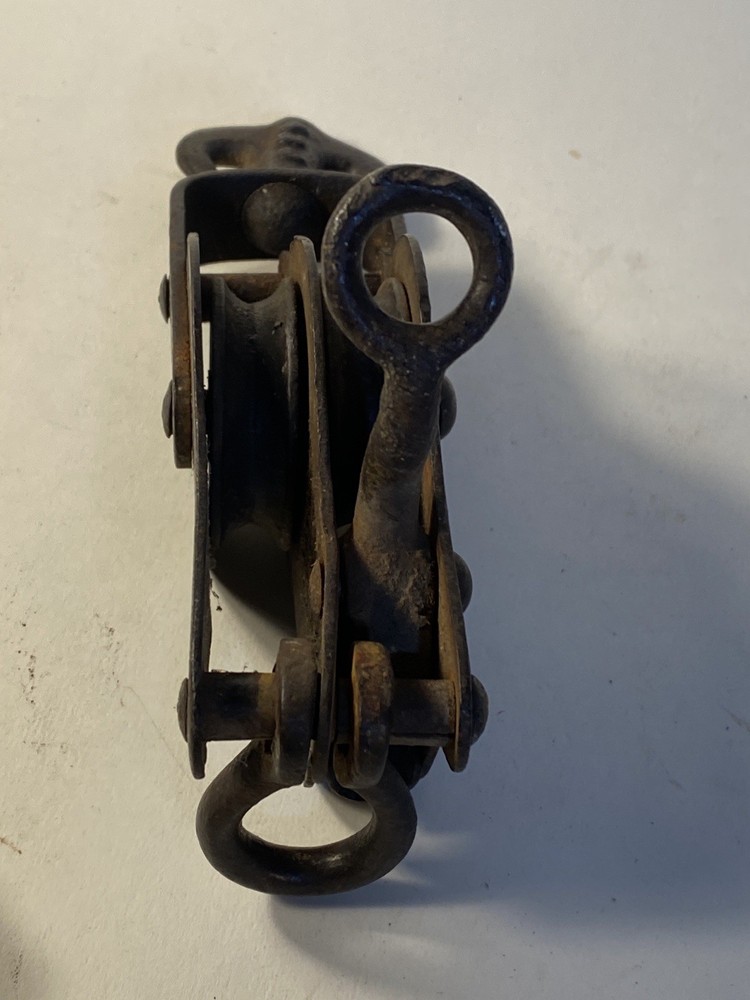 Antique Double Pulley w/ Hook & Line Stop 8”