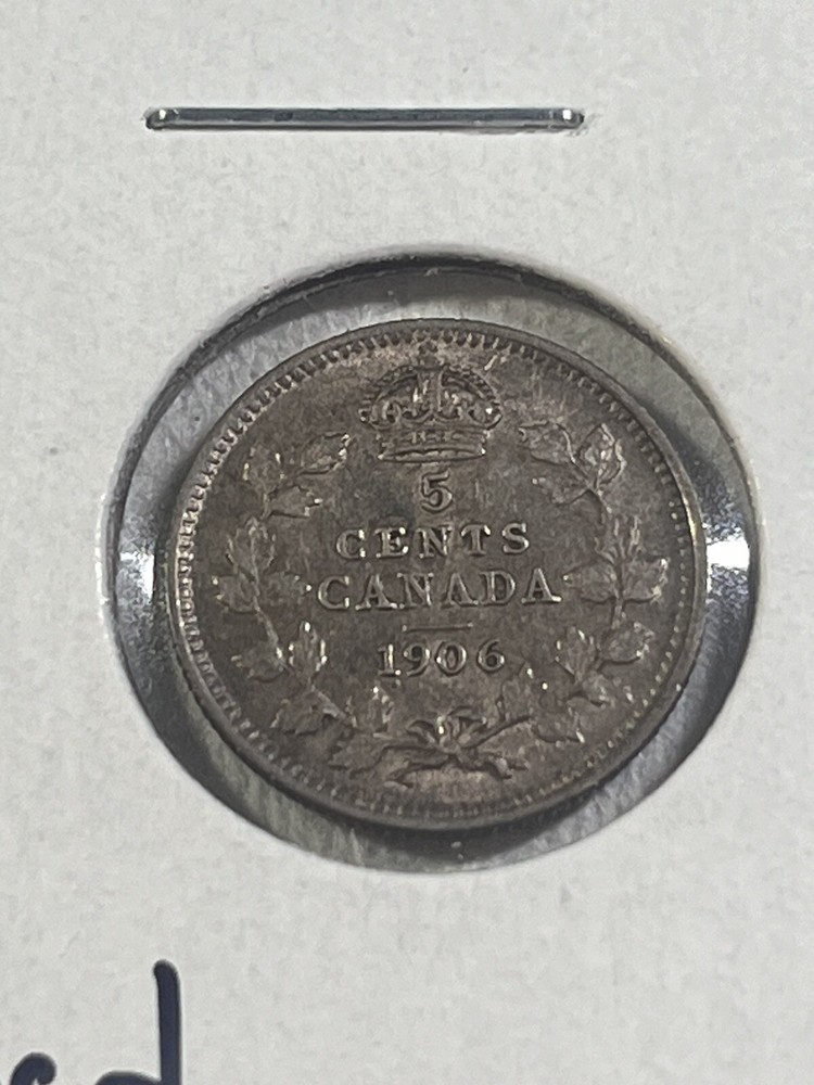 1906 Canada 5 Cents Small Silver Coin Cleaned