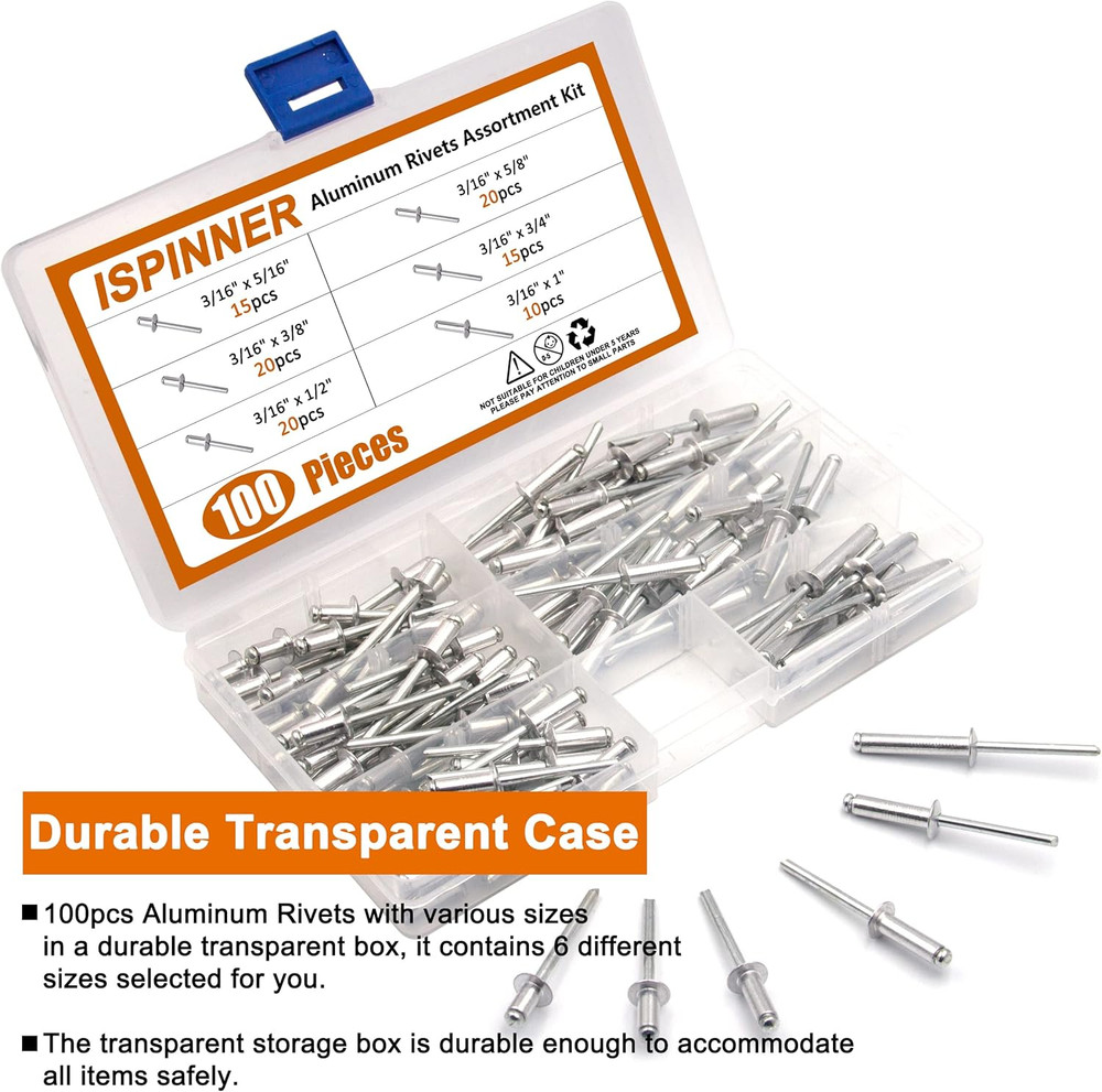 ISPINNER 100Pcs 6 Sizes Aluminum Blind Rivets, Pop Rivets Assortment Kit 3/16" X