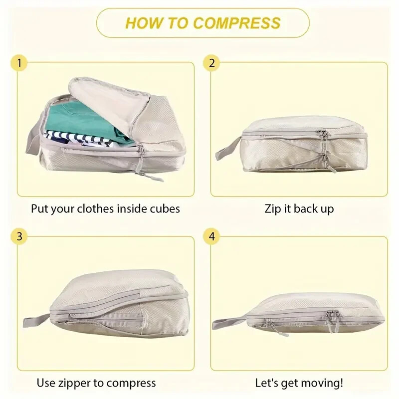 8-Piece Cream Compression Packing Cubes - Double Zipper, Foldable, Multi-Size