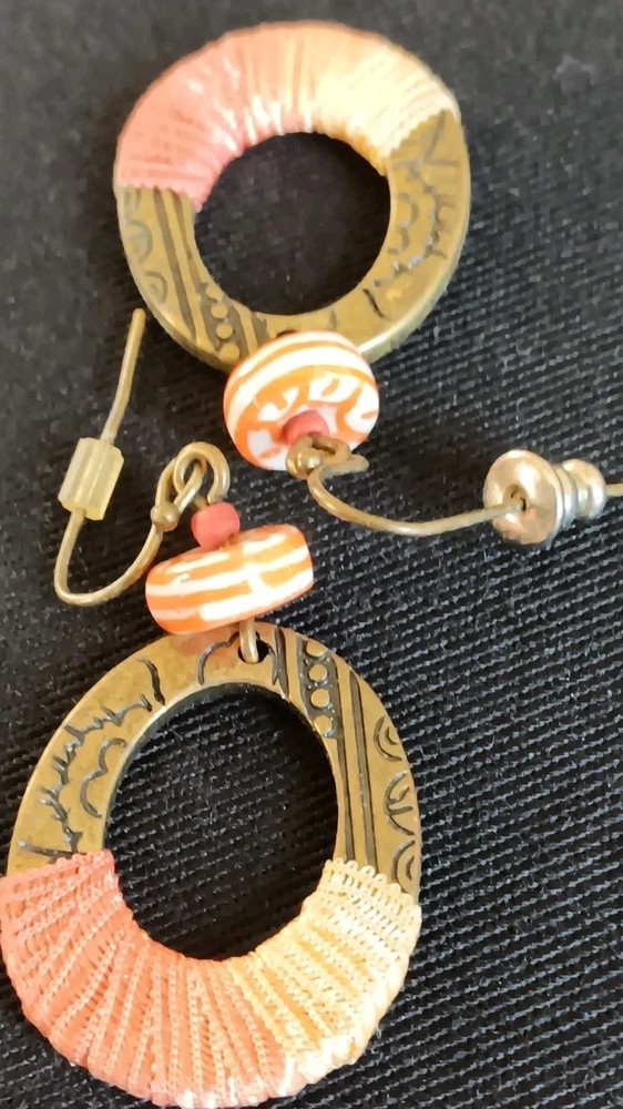 Mixed Media Stamped Patern With Thread Dangle Earrings