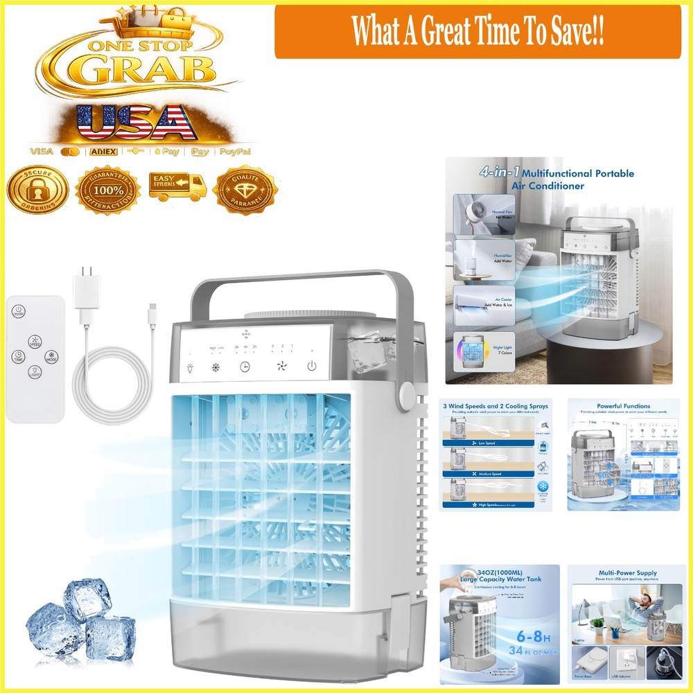 3-in-1 Portable Mini Air Conditioner with Remote 1000ml Water Tank Gray