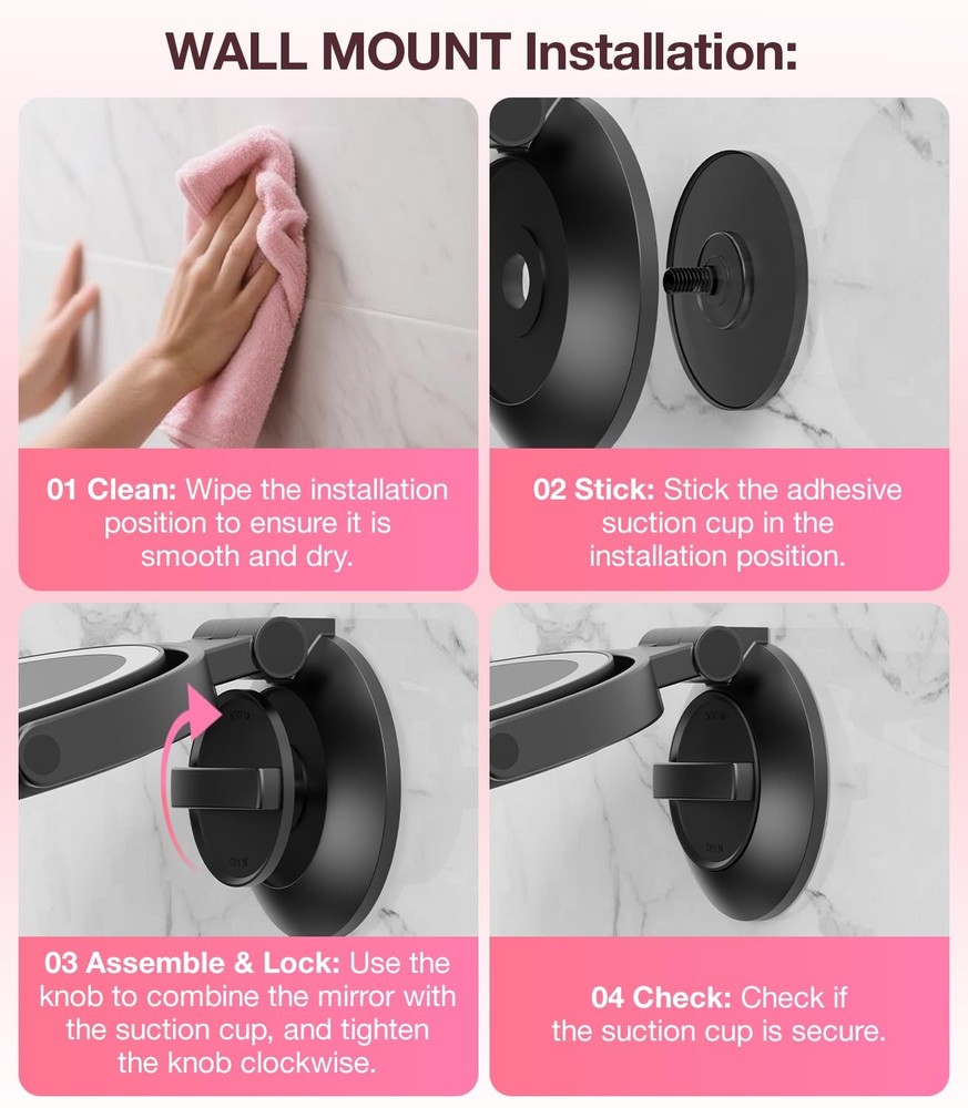 Suction Cup Magnifying Mirror with Light 10X, Wall Mounted Makeup Mirror with