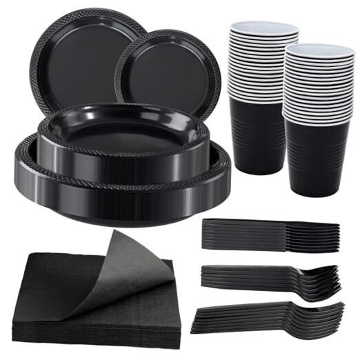 210 PCS Plastic Plates for 30 Guests - Disposable Dinnerware Set Black