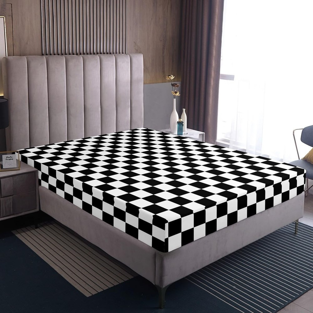 Geometric Checkerboard Patchwork Fitted Twin Size,Abstract Plaids Grids Chess...