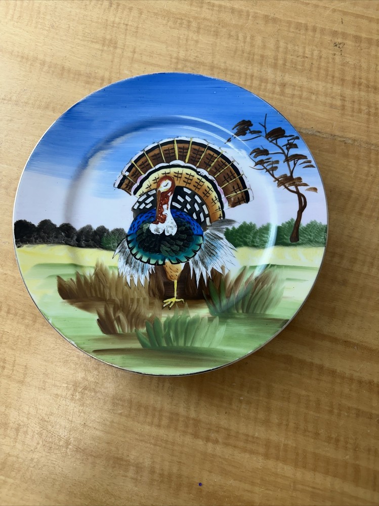 Vtg Large Dish Hand Painted Turkey 10"