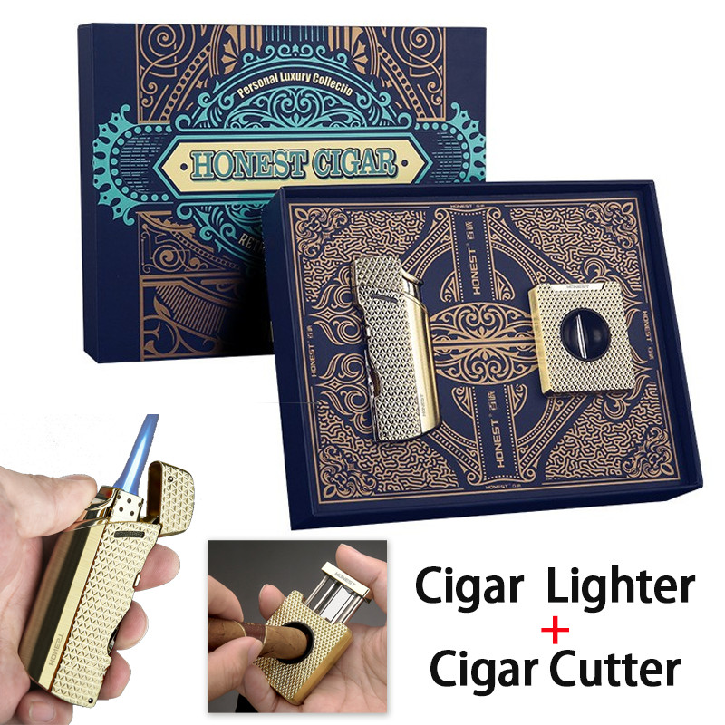 Inflatable Metal Lighter Multi-Functional Lighter V-Shaped Cigar Cutter Gift Box