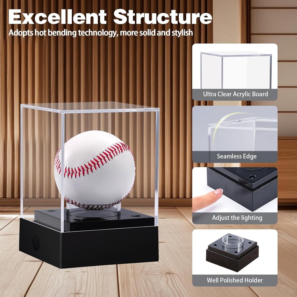 USA Acrylic Clear Baseball Display Case with Adjustable LED Light Display Box