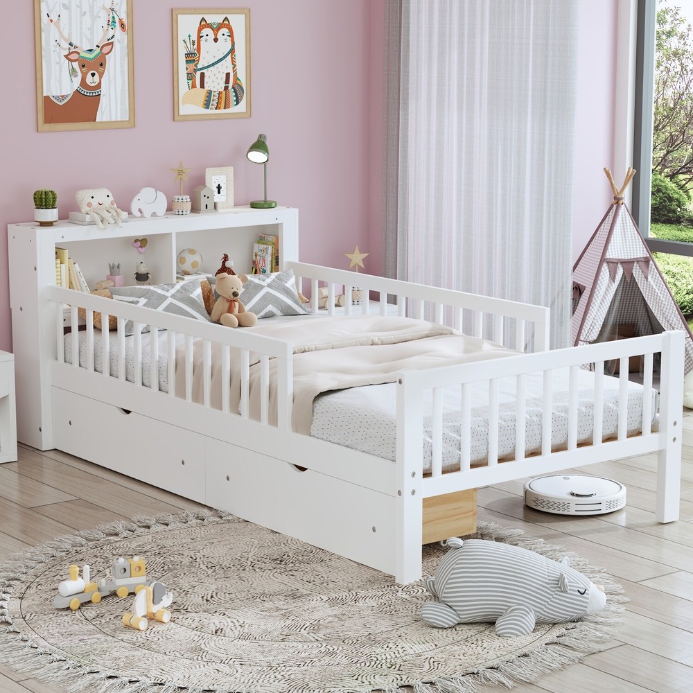 Twin Size Bed Frame Wood Platform Bed Frame with 2 Drawers & Storage Headboard